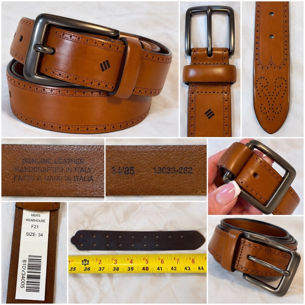Men's Wearhouse Brown Leather Brogue Wingtip Belt Italy 34 810V34005